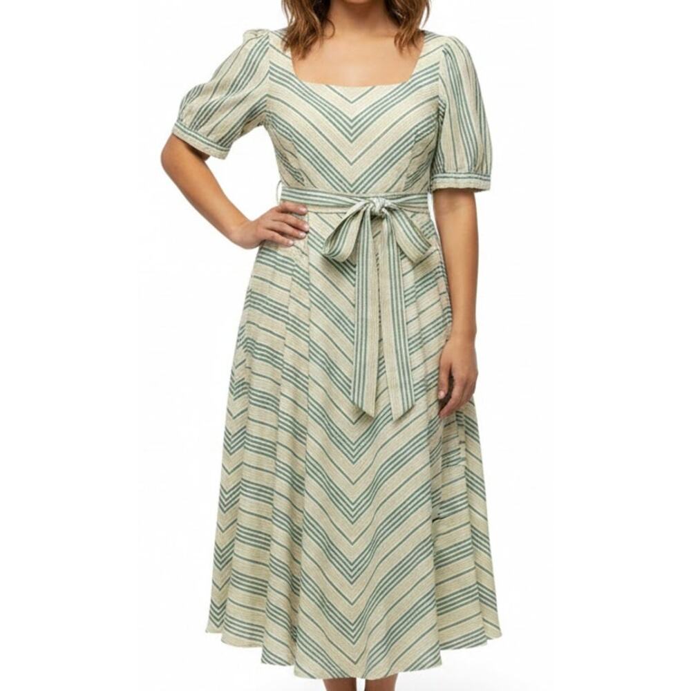 New York & Co Green Chevron Linen Square Neck Puff Sleeve Dress size S NEW Tags
